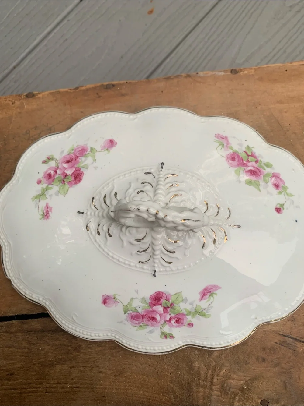 Vtg Porcelain Covered Serving Dish with Pink Rose Motif